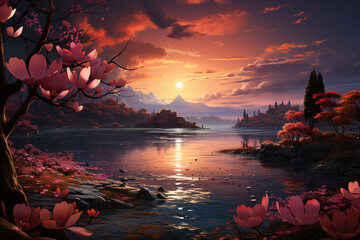 Poster - A picturesque sunrise over a field of blooming flowers, with the sun peeking through the horizon, illuminating the scene with warm and gentle light.  Generative AI technology.