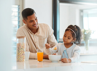 Wall Mural - Happy, morning and a child with father for breakfast, food in a kitchen and care for nutrition at home. Smile, together and a young dad with a girl kid eating cereal in a house for health and hungry