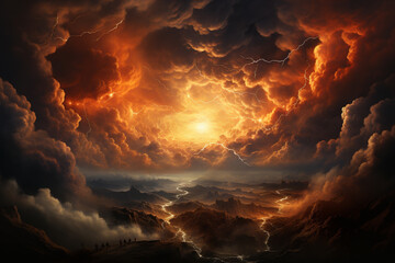 Poster - capturing the intricate details of the sun's rays breaking through the clouds, creating a celestial spectacle. Generative AI technology.