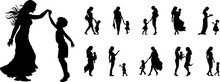 Happy Mothers' Day. Silhouette Of Mother With Child Playing, Walking, Feeding Illustration.