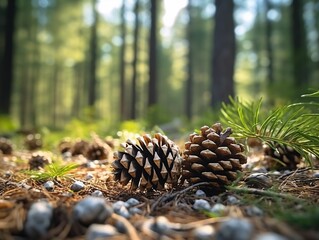 Close-up view of pine cones on the ground in the forest, against mossy dirt background. Image generated with AI.