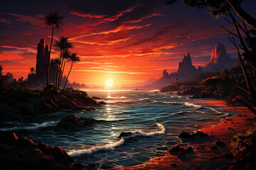 Poster - A vibrant and colorful sunrise over a tropical island, with palm trees swaying in the gentle breeze,  Generative AI technology.