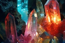 Close-up Of Illuminated Crystals On Cave Wall