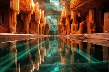 Crystal Formations Reflecting In Underground Pool