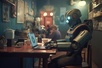 Sticker - robot in a cafe taking online orders via laptop