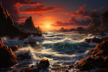 Aufkleber - A breathtaking sunrise over a coastal cliff, with waves crashing against the rocks and the sun illuminating the rugged coastline.  Generative AI technology.
