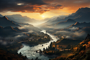 Poster - A surreal and otherworldly sunrise over a mountainous landscape, with layers of mist and fog creating an ethereal and mystical atmosphere.  Generative AI technology.