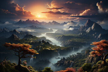 Poster - A surreal and otherworldly sunrise over a mountainous landscape, with layers of mist and fog creating an ethereal and mystical atmosphere.  Generative AI technology.