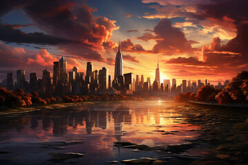 Poster - A captivating and colorful sunrise over a city skyline, with the sun casting a golden glow on the buildings, Generative AI technology.