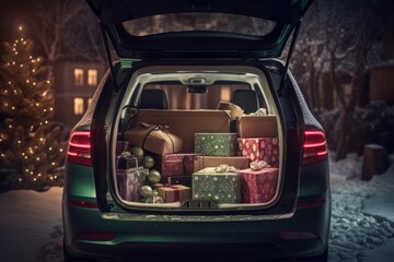 Fototapete -  Open Trunk of a Car Filled with Christmas Presents, Greeted by a Waving Santa Claus. Holiday Spirit, Gifts, and Excitement in the Air