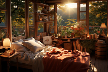 Aufkleber - A cozy bedroom scene, with sunlight streaming through the curtains and casting a warm glow on the peaceful surroundings.  Generative AI technology.