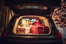  Open Trunk Of A Car Filled With Christmas Presents, Greeted By A Waving Santa Claus. Holiday Spirit, Gifts, And Excitement In The Air