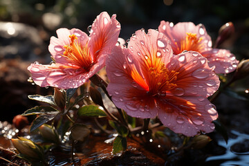 Aufkleber - a peaceful garden morning, with dewdrops on flowers and the first signs of life as nature awakens to