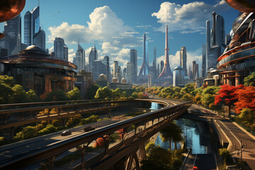 Aufkleber - A vibrant city morning, with bustling streets, tall buildings, and the first rays of sunlight casting a warm glow on the urban landscape.  Generative AI technology.