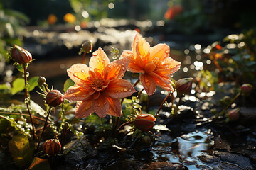 Aufkleber - a peaceful garden morning, with dewdrops on flowers and the first signs of life as nature awakens to