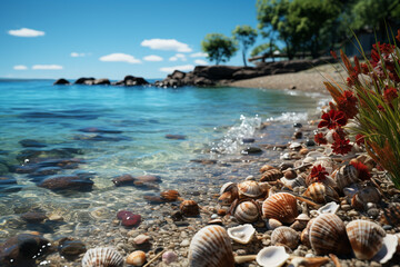 Aufkleber - a serene beachside morning, with seashells scattered along the shore and the gentle sound of waves c