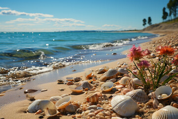 Aufkleber - a serene beachside morning, with seashells scattered along the shore and the gentle sound of waves c
