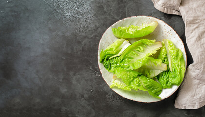 Wall Mural - Romaine lettuce salad over stone table. Top view with copy space