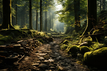 Poster - A peaceful forest morning, with tall trees and a soft light filtering through the branches, creating a magical ambiance.  Generative AI technology.