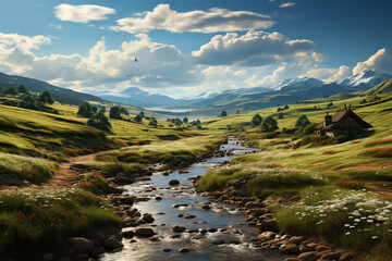 Aufkleber - a picturesque countryside morning, with a colorful sunrise and a sense of serenity that envelops the