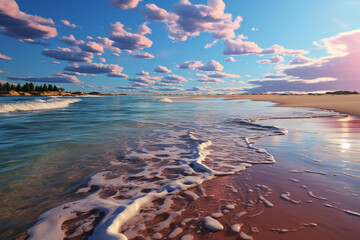 Aufkleber - A tranquil beach at dusk, with gentle waves rolling onto the shore and the sky painted in soft pastel colors.  Generative AI technology.
