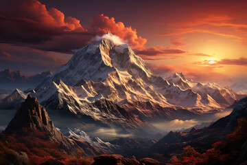 Aufkleber - A serene mountain sunset, with the last rays of sunlight casting a warm glow on the majestic peaks.  Generative AI technology.