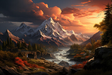 Aufkleber - a serene mountain sunset, with the last rays of sunlight casting a warm glow on the majestic peaks. 