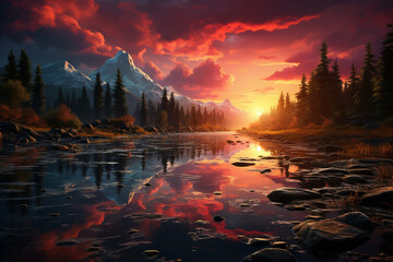 Poster - A serene lakeside sunset, with a mirrored reflection on the water and a sense of tranquility in the air.  Generative AI technology.