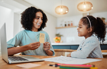 Wall Mural - Homework, alphabet card and mother with girl for learning, child development and teaching at home. Family, academic and happy mom with kid at table with letters for lesson, English and knowledge