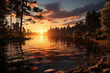 Aufkleber - a tranquil riverside sunset, with the last rays of sunlight casting a warm reflection on the water's