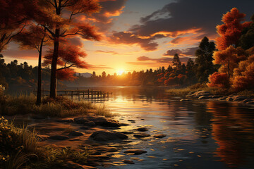 Aufkleber - a tranquil riverside sunset, with the last rays of sunlight casting a warm reflection on the water's