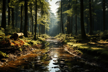 Poster - A calm forest at dusk, with rays of sunlight filtering through the trees and creating a serene and magical atmosphere.  Generative AI technology.