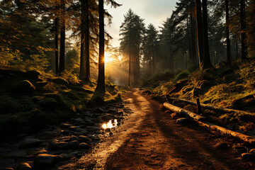 Aufkleber - A calm forest at dusk, with rays of sunlight filtering through the trees and creating a serene and magical atmosphere.  Generative AI technology.