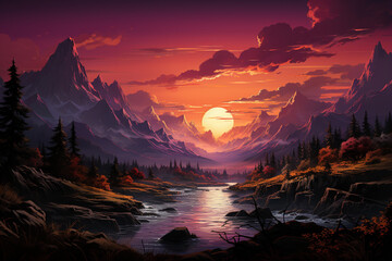 Poster - A peaceful mountain evening, with the silhouette of tall trees against a dusky sky and a serene stillness all around.  Generative AI technology.