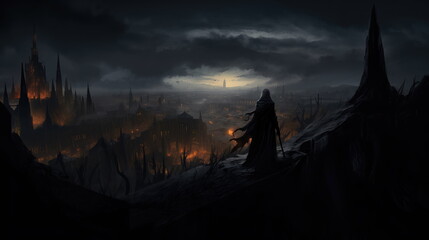 Wall Mural - Medieval woman assassin in black cloak stands against the background of glowing burning city at night