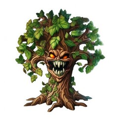 Wall Mural - Scary tree with big teeth and green bright leaves on a white background