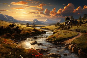 Aufkleber - A picturesque countryside evening, with rolling hills and a soft golden light casting a serene and inviting ambiance.  Generative AI technology.