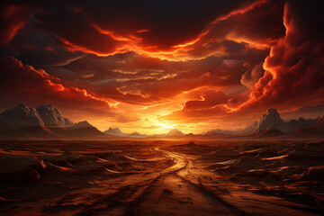 Aufkleber - A stunning sunrise over a desert landscape, with the sun's rays illuminating the sand dunes and casting dramatic shadows.  Generative AI technology.