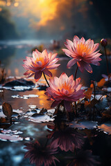Aufkleber - A dreamy and ethereal sunrise over a mist-covered lake, with the sun's rays casting a soft and gentle glow on the water's surface.  Generative AI technology.