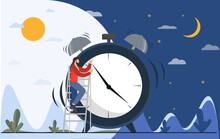 Person Near Clock, Changing Day And Night Circle, Day And Might Routine, Circadian Rhythm, Time For Rest And Work Concepts, Flat Vector Illustration