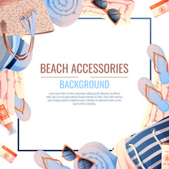 Wall Mural - Summer background with beach accessories. Beach frame made of straw bag, hat and sunscreen. Beach holidays, holidays, summer time, sea vibe. Poster, flyer, card for summer sale