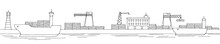 Port Loading Dry Cargo Ship Graphic Black White Sea Landscape Long Sketch Illustration Vector 