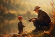 An elderly man patiently teaching his young grandson the art of fishing, capturing the essence of skills passed down through generations