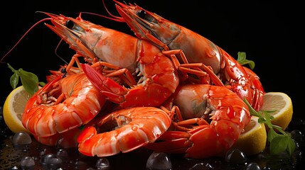 fresh shrimps on ice with lemon wedges, black background and blur