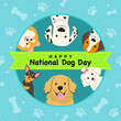 Happy national Dog day greeting card vector design. Cute cartoon dogs