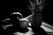 Illustration Of Two Apples And A Pineapple In A Black And White Photo, Created Using Generative AI