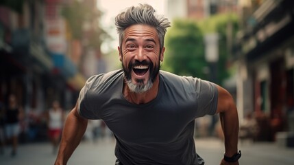 portrait of a man. middle age man running. urban city background.