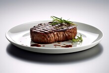 Illustration Of A Succulent Piece Of Steak On A Pristine White Plate, Created Using Generative AI