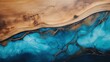 Background made of wood and blue epoxy resin in fluid art style. Wooden table. Generative AI