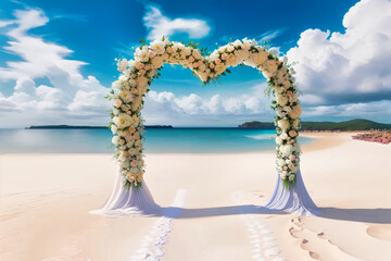 Wall Mural - beach wedding venue, wedding setup, cabana, arch, gazebo decorated with flowers, beach wedding setup